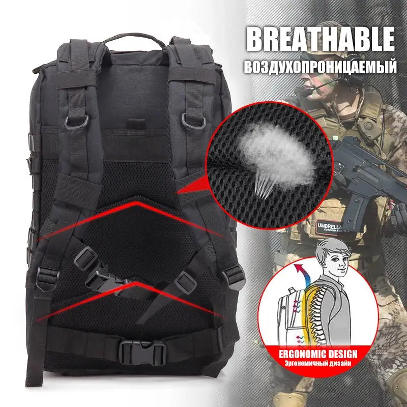 45L Tactical Assault Backpack – Waterproof Outdoor Rucksack Black